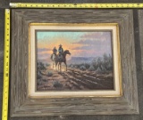 Vintage Cowboy Painting with Wooden Frame – Western Wall Art 22.5x19