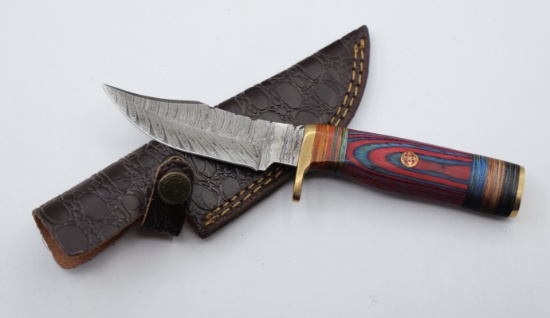 Damascus Steel Bowie Hunting Knife - Red & Blue Wood Handle, Brass Guard & Leather Sheath