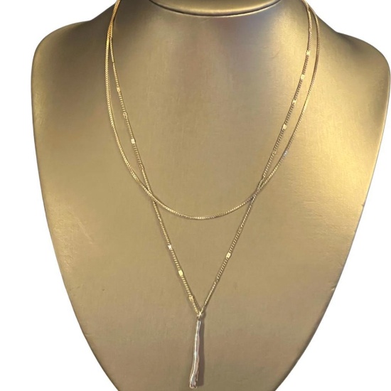 14K Solid White Gold Italian Horn Pendant Double Chain Necklace