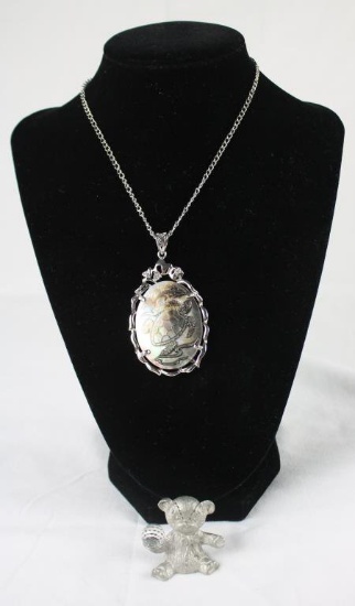 Pewter Bear With Swarovski Crystal & Mother of Pearl Turtle Necklace