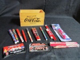 Coca-Cola Wood Box With Assorted Coca-Cola Pens and Pencils