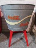 Large Coca-Cola Metal Tub With Plastic Insert On Red Stand