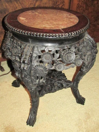 Antique Round Wood Marble Top Side Table - Zone: LR