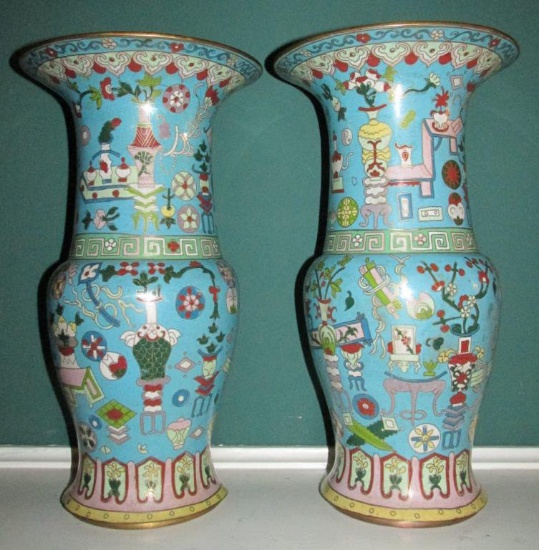 Pair Of Teal Cloisonne Gu Form Vases - Zone: LR