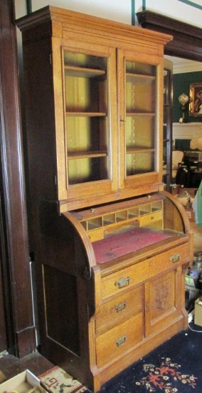 Antique Oak Secretary Roll Top Desk   - Zone: F