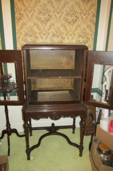 Antique Dark Wood Display Cabinet With Glass Doors & Glass Bottom Shelf - Zone: D