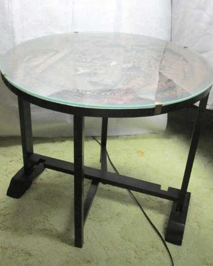 Glass Top Oriental Motif Round Wood Table - Zone: D