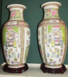 Pair Of Ceramic Oriental Vases With Wood Stands - Zone: LR