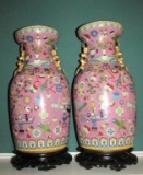 Pair Of Pink Flared Neck Cloisonne Vases - Zone: LR