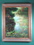 Signed Victor Oil Painting Lily Pad Scene With Neoclassical Leaf Frame - Zone: LR
