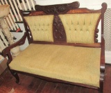 Antique Upholstered Settee Bench With Wood Casters & Inlay Wood - Zone: F