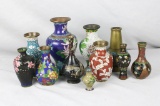 (14) Oriental Brass & Enamel Vases  - Zone: LR