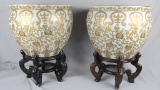 (2) Oriental Porcelain Fishbowl Planters On Stands - Zone: LR