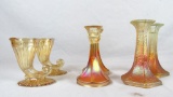 (3) Pairs Of Orange Carnival Glass Candlestick Holders - Zone: D