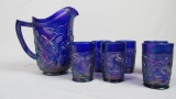 Blue Carnival Glass Pitcher & Glasses - Zone: D