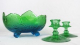 Green & Blue Depression Glass With a Pair of Green Depression Glass Candlestick Holders - Zone: D