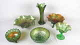 (6) Green Carnival Glass Pieces - Zone: D