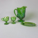 Green Carnival Glass Cups, Pitcher, & Tray - Zone: LR