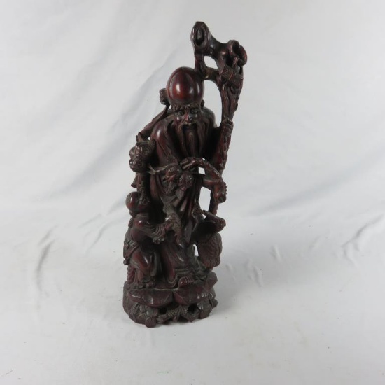 Asian Man & Children Wood Statuette - S