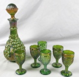 (7) Pieces Imperial Green Carnival Glass Decanter & Cordial Glass Set - S