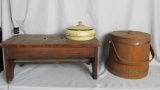 Wood Step Stool, Metal Sewing Basket & Wood Bucket With Lid - BM