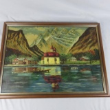 Framed Acrylic Water Scene With Mountains Painting Signed By Fr. Linde - H2