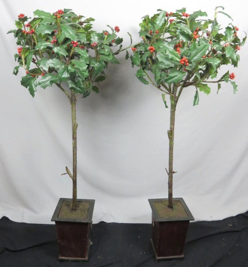 Pair Of Artificial Poinsettia Trees In Wood Pots - DR