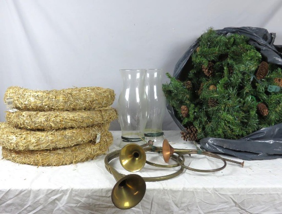 Christmas Decorations - Straw Wreaths, Horns, & Garland -