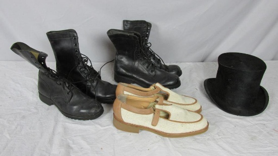 (2) Pairs Of Black Boots, (1) Pair Of Loafers, & A Black Top Hat - BR2