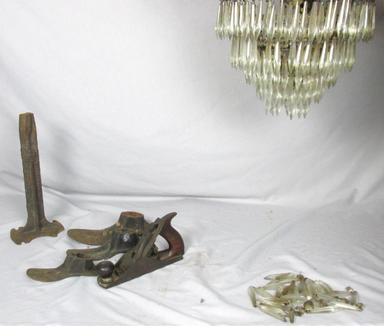 Antique Ceiling Lamp With Prisms, Cast Iron Shoe Holder, & Planer - BR2