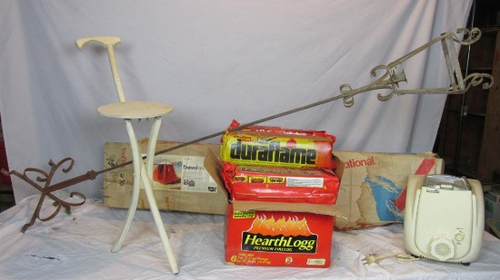 Fold-Up Wood Chair, Metal Candle Holder, Pasta Maker, Tent, & Box of Fireplace Logs - R2