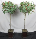 Pair Of Artificial Poinsettia Trees In Wood Pots - DR