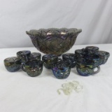 Dark Blue Carnival Glass Punch Bowl Set - DR