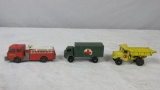 Lesney Toy Firetruck, Lesney Medical Truck, & A Dump Truck - P