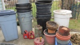 Garbage Cans, Lids, Gas Cans, Planters, Sprayer, & Rope - G2