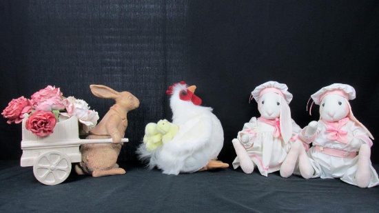 Stuffed Animals & A Ceramic Bunny Pulling Cart With Flowers - DR