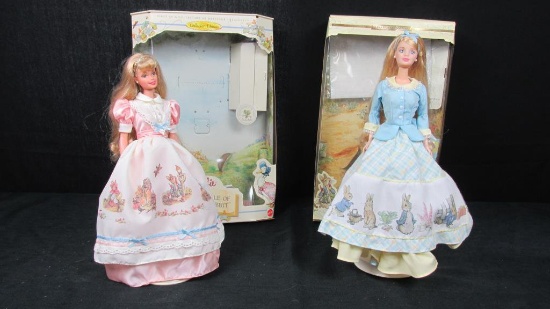 (2) Peter Rabbit Barbies On Stands With Boxes - DR