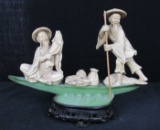 Oriental Figurines On Jade Boat With Wood Stand - SR