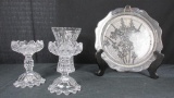 Crystal Candleholders & Vase With Glass Serving Plate - SR