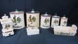 Metlox Poppytrail Rooster Canister Set, Bread Box, Matchstick Holder, & Trinket Box - SR