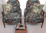 Pair Of Rounded Back Dark Wood Upholstered Floral Chairs With Ottoman - FR