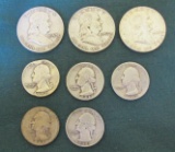 (3) Silver Franklin Half Dollars & (5) Silver Quarters - M