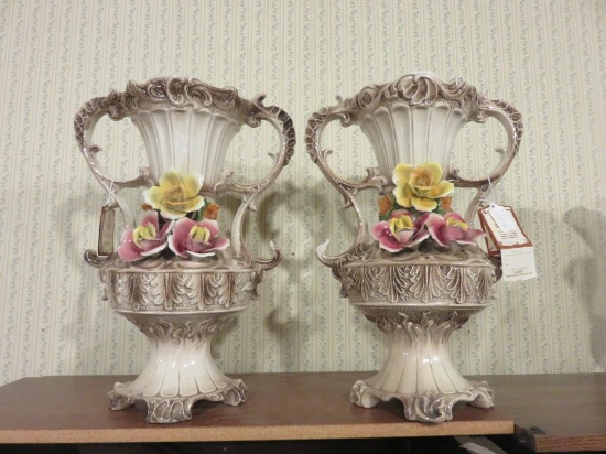 Pair Of Capodimonte Porcelain Floral Handled Vases  - FF-3