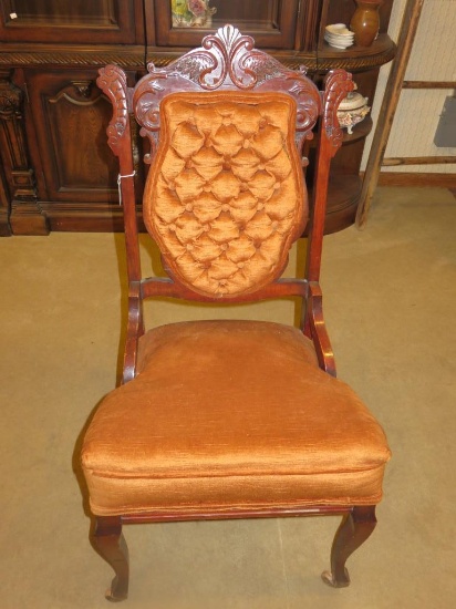 Antique Hand Carved Dark Wood Upholstered Side Chair - FF-3