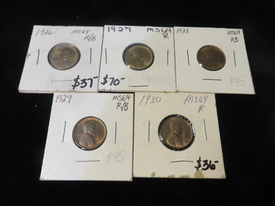 (5) Lincoln Head Cents/Pennies MS 64 1926 - 1930 - S