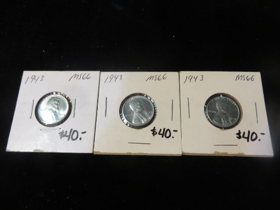 (3) 1943 Lincoln Head Steel Cents/Pennies MS 66 - S
