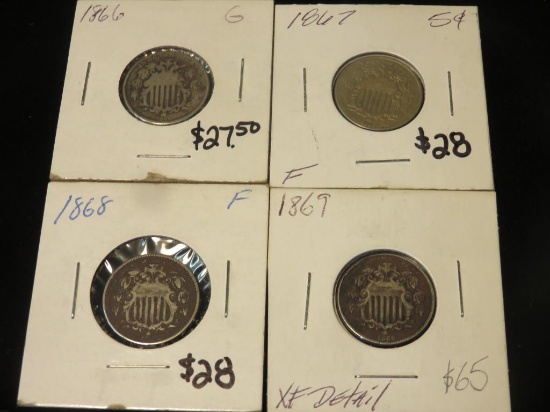 (4) Shield Nickels 1866 - 1869 - S