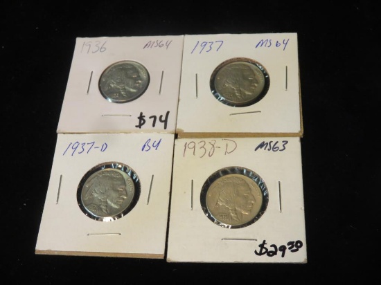 (4) Buffalo Nickels 1936 - 1938 - S