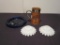 Mug, Blue Glass Ashtray, & (2) Milk Glass Candleholders - W