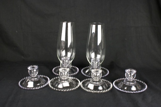(10) Piece Imperial Candlewick Glass Candle Holders With Hurricane Shades  - W